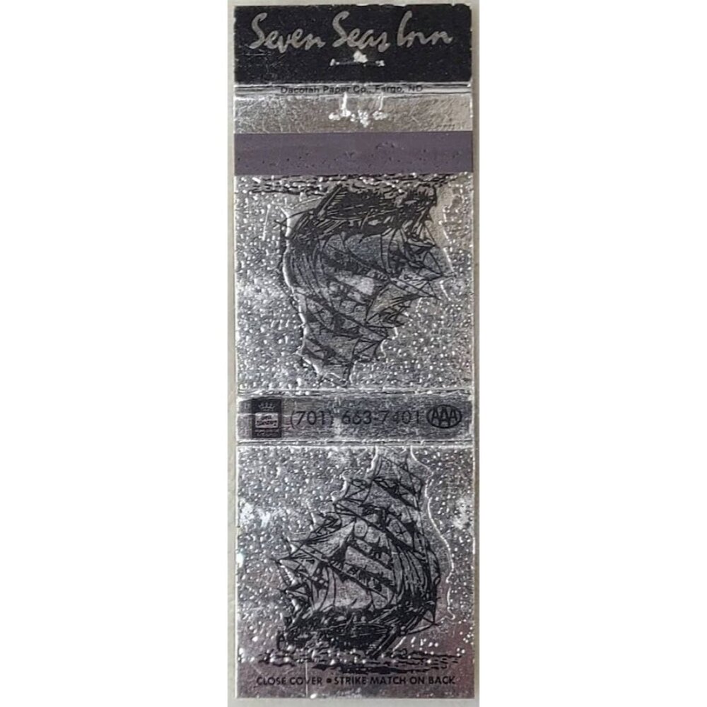 Matchbook Cover Seven Seas Inn Mandan ND North Dakota Silver Foil w/ Ship Art